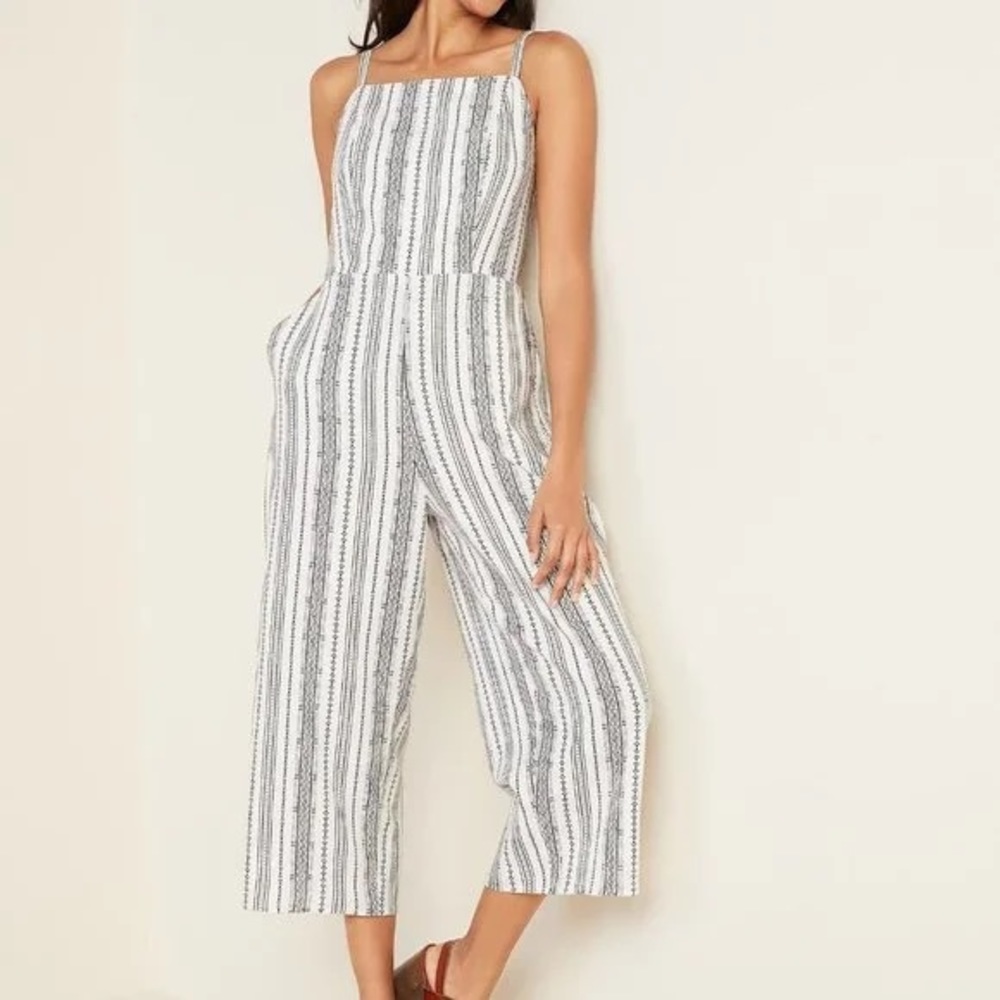 Old Navy Black and White Stripe Patterned Jumpsuit